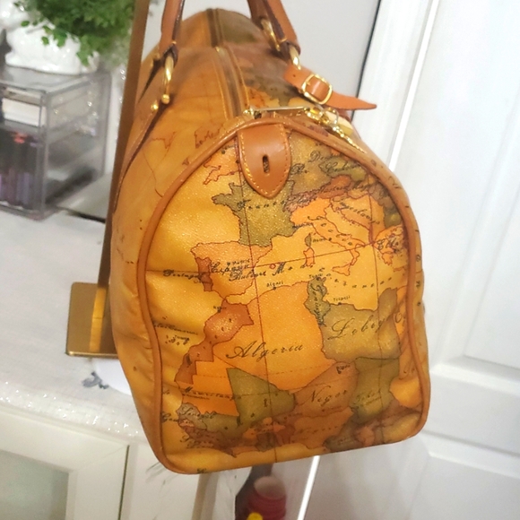 🇮🇹RAREALVIERO Martini Large Boston/speedy World Map Print Leather Duffel Bag🤎 - Picture 3 of 17